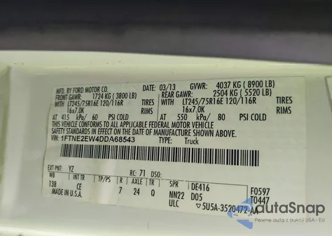 2013 Ford E-250 Commercial из США, поврежденный, VIN 1FTNE2EW4DDA68543